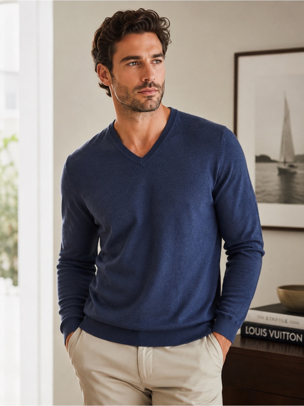 Joseph & Lyman Italian Merino Wool V-Neck Sweater Navy Blue Men’s M